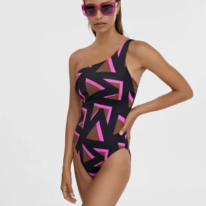 Lola Casademunt Baño<Bañador asimétrico estampado NEGRO-ROSA