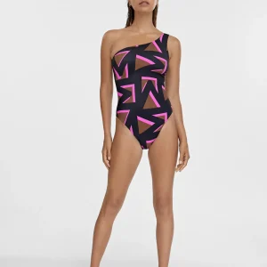 Lola Casademunt Baño<Bañador asimétrico estampado NEGRO-ROSA