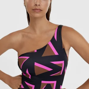 Lola Casademunt Baño<Bañador asimétrico estampado NEGRO-ROSA
