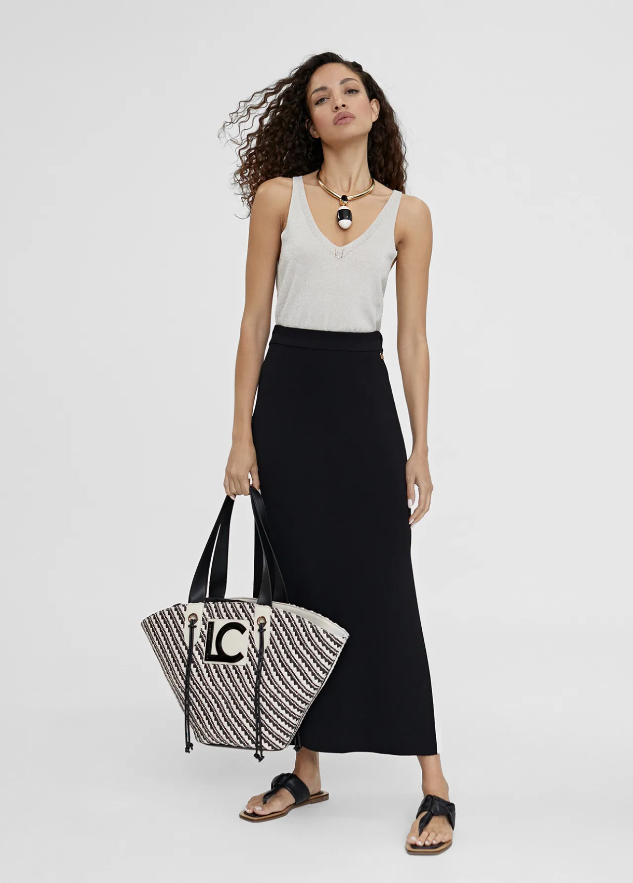 Lola Casademunt Bolsos | Baño<Bolso tipo cesta en efecto rafia NEGRO-CRUDO