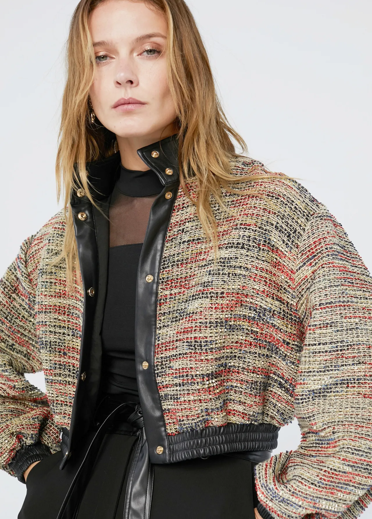 bomber_tweed_2.webp Lola Casademunt Abrigos Y Cazadoras | Chaquetas Y Gabardinas<Bomber tweed NEGRO-NARANJA