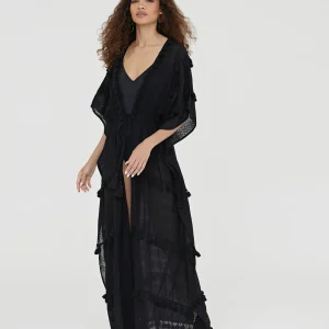 Lola Casademunt Baño<Caftan largo con pompones NEGRO