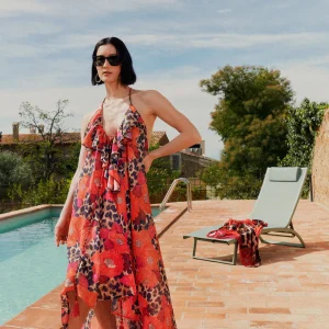 Lola Casademunt Baño<Caftan largo con volantes ROJO-AZUL