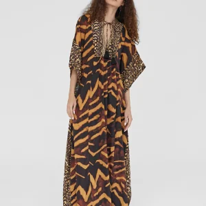 Lola Casademunt Baño<Caftan largo print animal NEGRO-MARRON