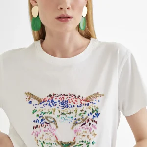 Lola Casademunt Camisetas Y Tops<Camiseta tigre bordado BLANCO-ROSA
