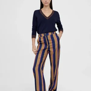 Lola Casademunt Pantalones<Pantalén satén rayas AZUL-MARRON