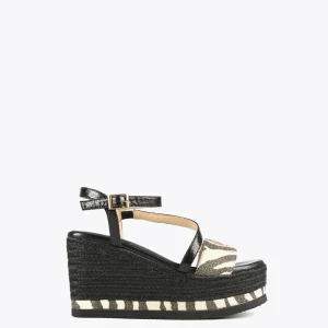 Lola Casademunt Calzado<Sandalia cuña negra y animal print NEGRO-CRUDO