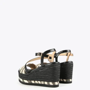 Lola Casademunt Calzado<Sandalia cuña negra y animal print NEGRO-CRUDO