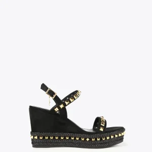 Lola Casademunt Calzado<Sandalia de cuña negra y tachas NEGRO-CRUDO