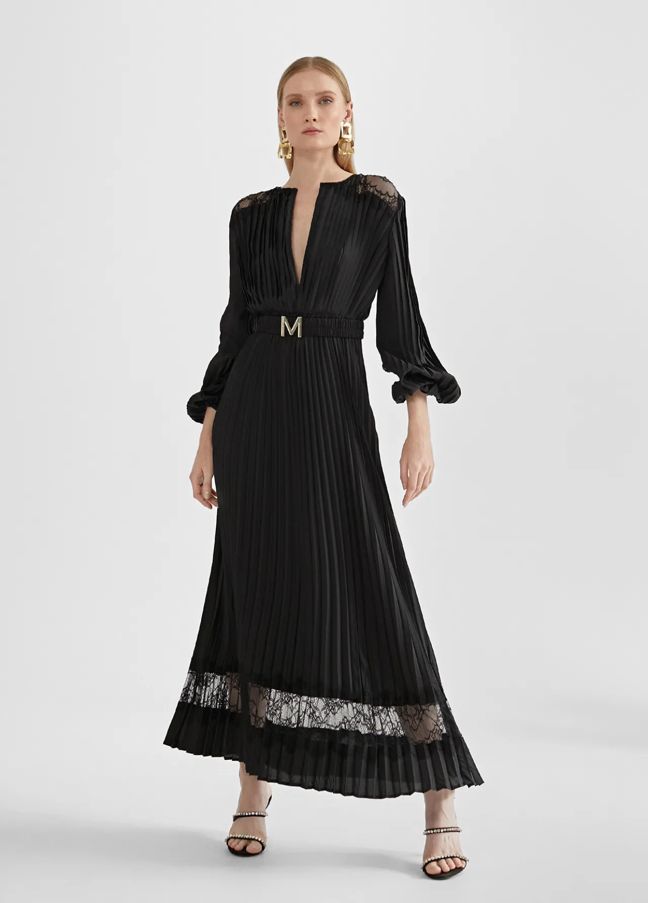 vestido_largo_plisado_y_encaje_0.webp Lola Casademunt Vestidos Y Faldas<Vestido largo plisado y encaje NEGRO