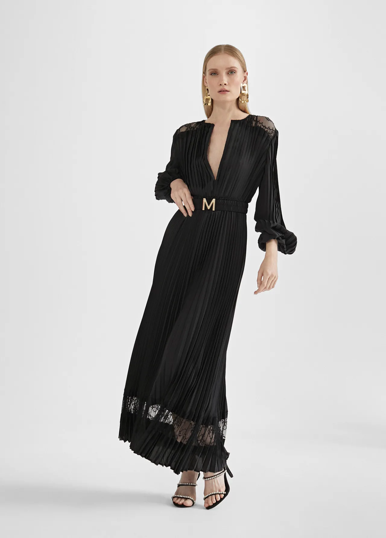 vestido_largo_plisado_y_encaje_5.webp Lola Casademunt Vestidos Y Faldas<Vestido largo plisado y encaje NEGRO