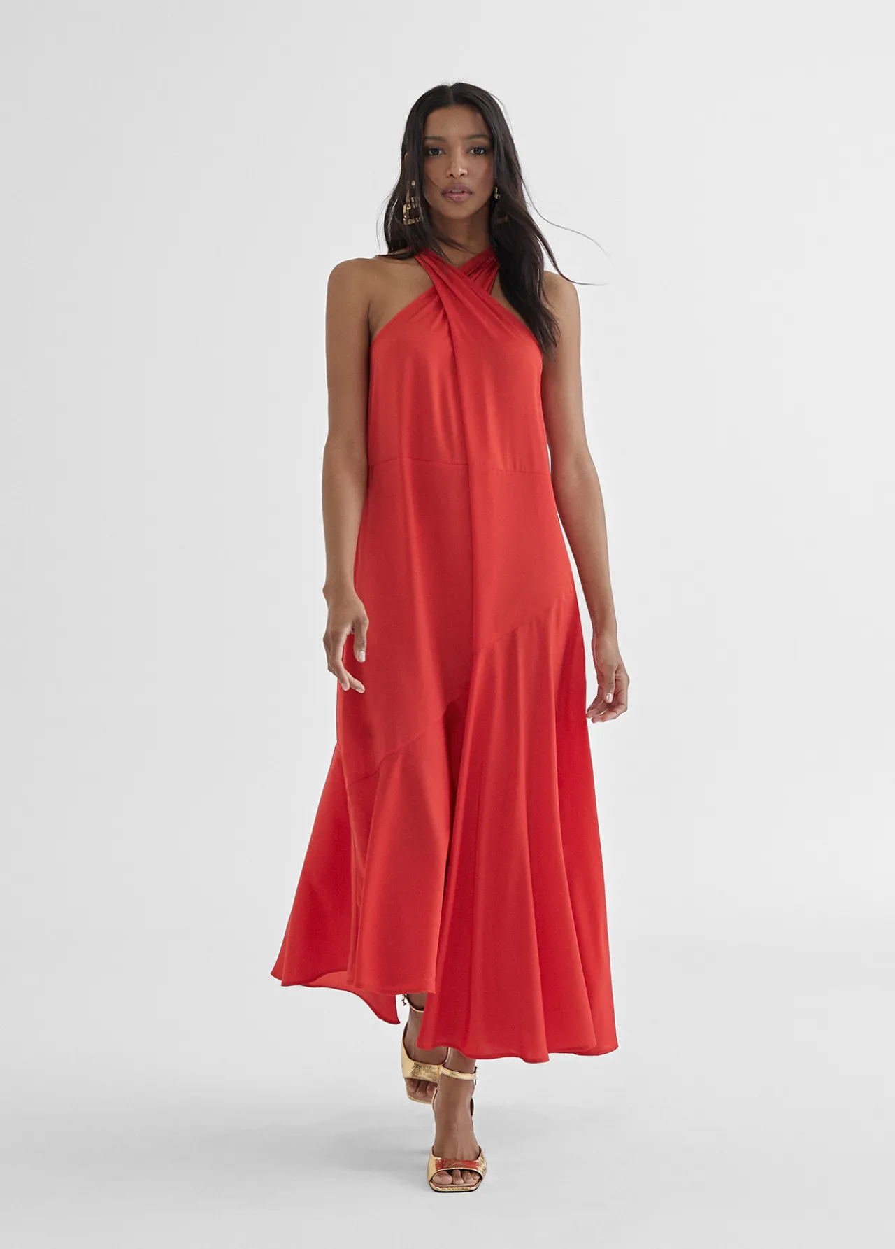 vestido_midi_cuello_halter_cruzado_4.webp Lola Casademunt Vestidos Y Faldas<Vestido midi cuello halter cruzado ROJO